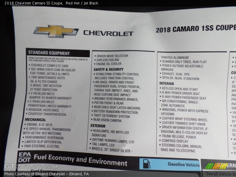  2018 Camaro SS Coupe Window Sticker