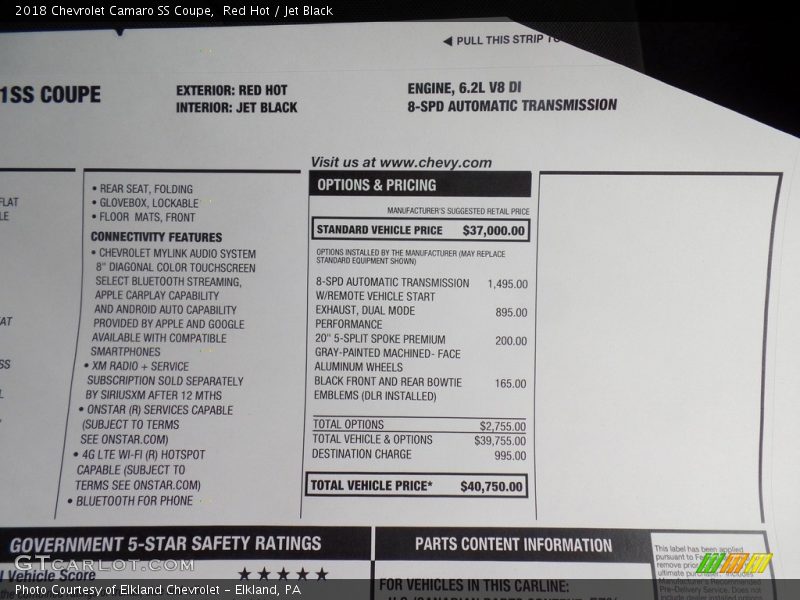  2018 Camaro SS Coupe Window Sticker