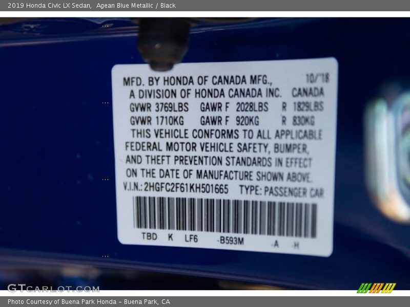 Agean Blue Metallic / Black 2019 Honda Civic LX Sedan