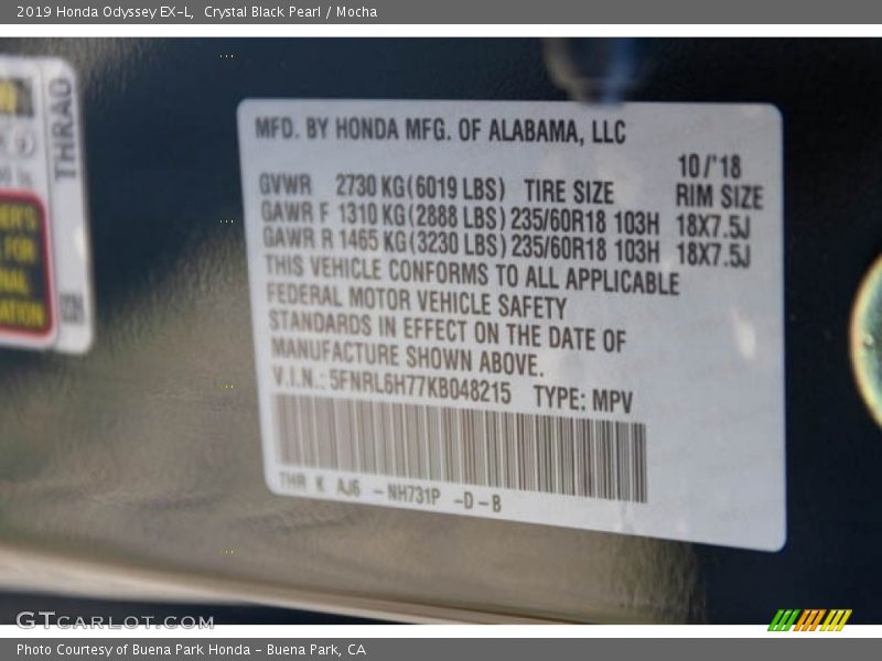 Crystal Black Pearl / Mocha 2019 Honda Odyssey EX-L