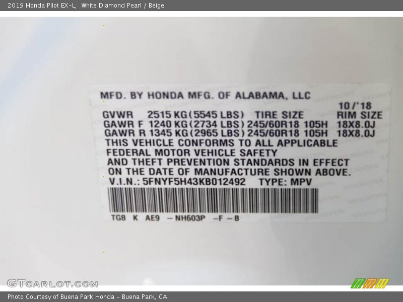 White Diamond Pearl / Beige 2019 Honda Pilot EX-L