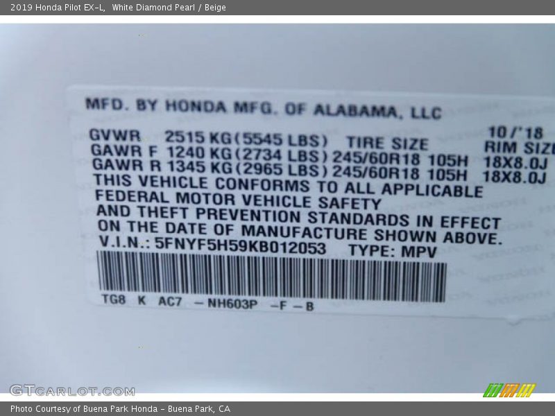 White Diamond Pearl / Beige 2019 Honda Pilot EX-L