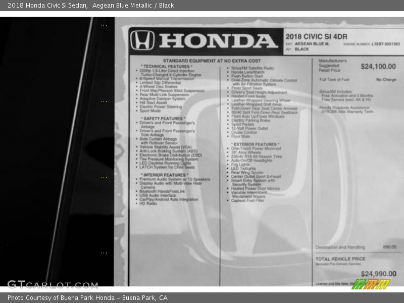 Aegean Blue Metallic / Black 2018 Honda Civic Si Sedan