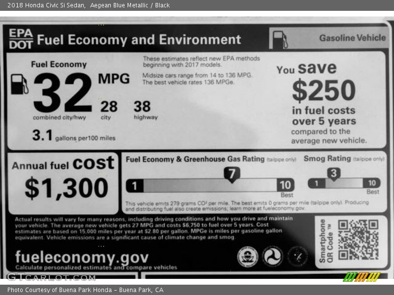 Aegean Blue Metallic / Black 2018 Honda Civic Si Sedan