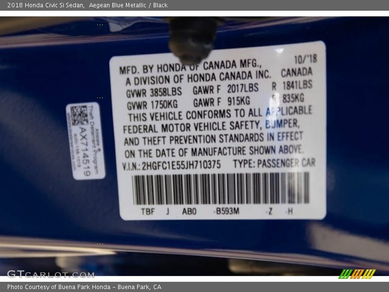 Aegean Blue Metallic / Black 2018 Honda Civic Si Sedan