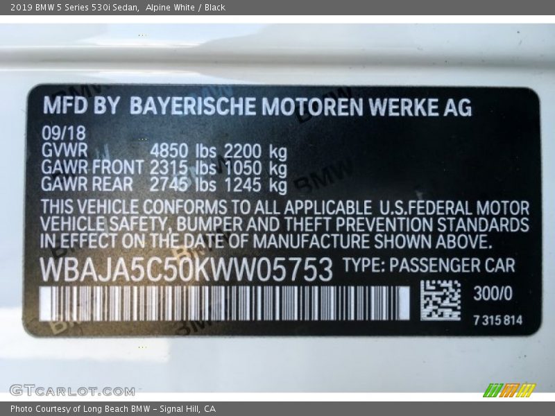Alpine White / Black 2019 BMW 5 Series 530i Sedan