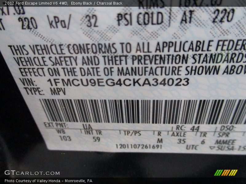 Ebony Black / Charcoal Black 2012 Ford Escape Limited V6 4WD