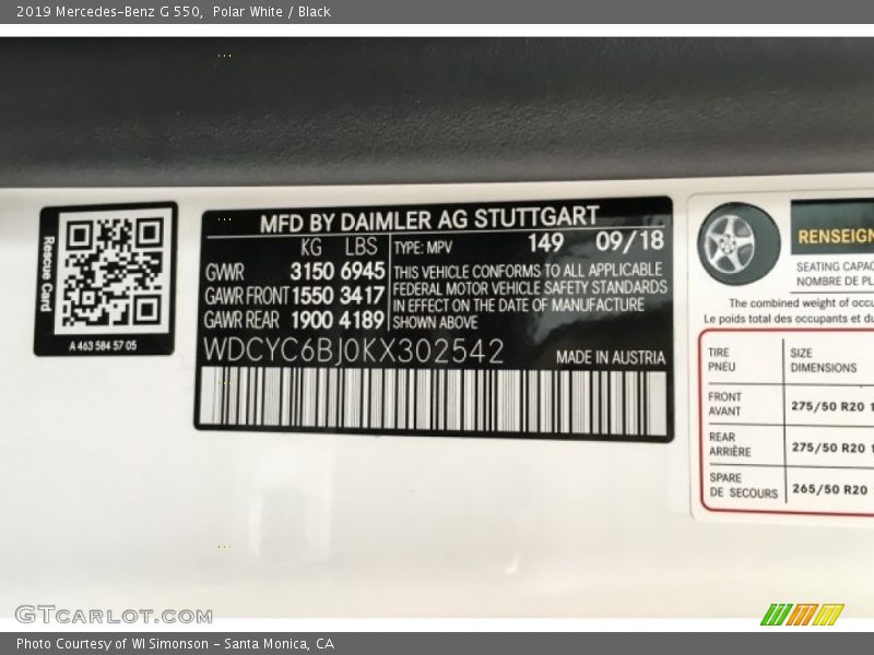 2019 G 550 Polar White Color Code 149
