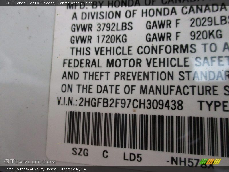 Taffeta White / Beige 2012 Honda Civic EX-L Sedan