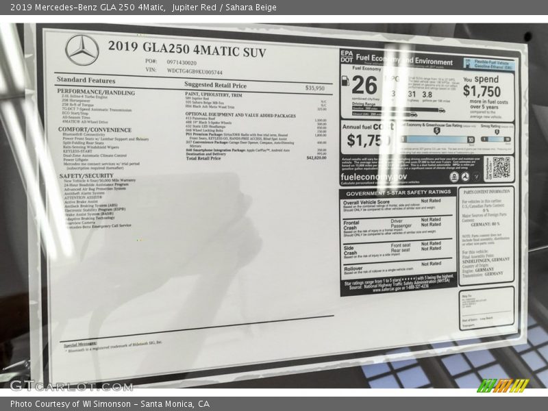  2019 GLA 250 4Matic Window Sticker