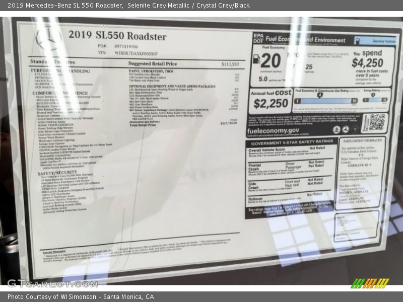  2019 SL 550 Roadster Window Sticker