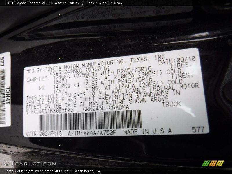 Black / Graphite Gray 2011 Toyota Tacoma V6 SR5 Access Cab 4x4