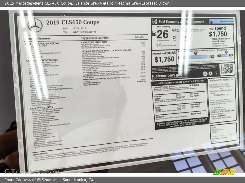  2019 CLS 450 Coupe Window Sticker