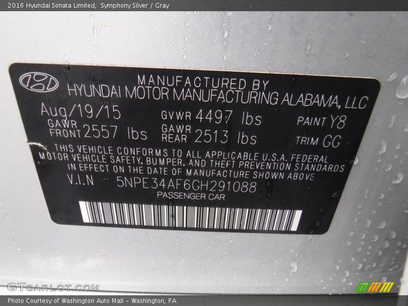 Symphony Silver / Gray 2016 Hyundai Sonata Limited