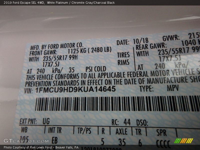 White Platinum / Chromite Gray/Charcoal Black 2019 Ford Escape SEL 4WD