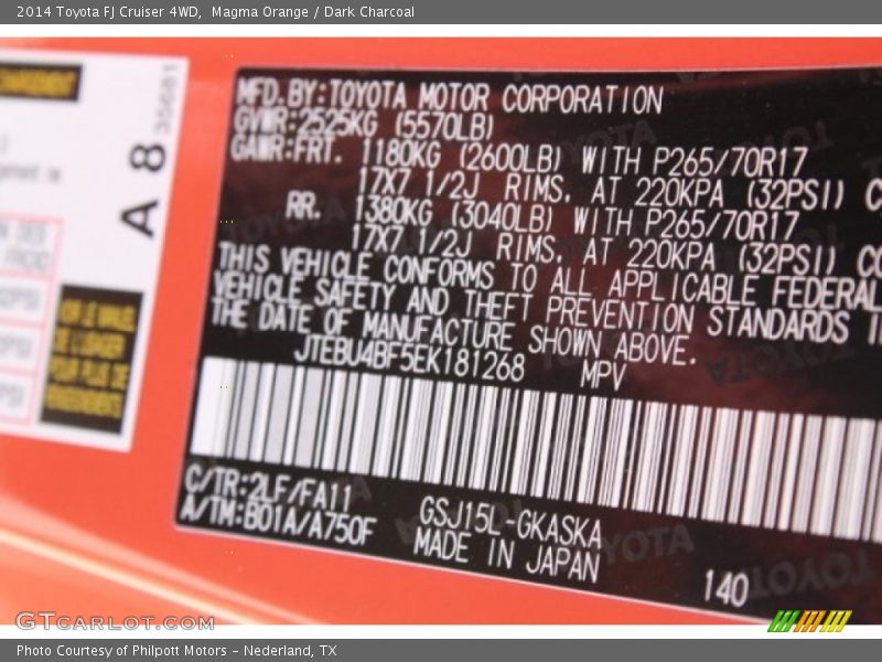 Magma Orange / Dark Charcoal 2014 Toyota FJ Cruiser 4WD