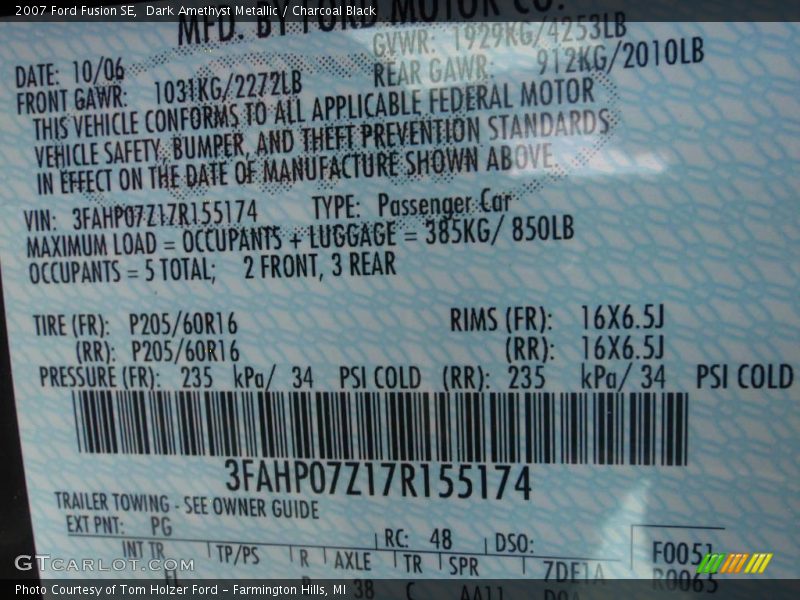 Dark Amethyst Metallic / Charcoal Black 2007 Ford Fusion SE