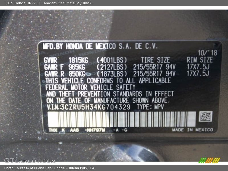 Modern Steel Metallic / Black 2019 Honda HR-V LX
