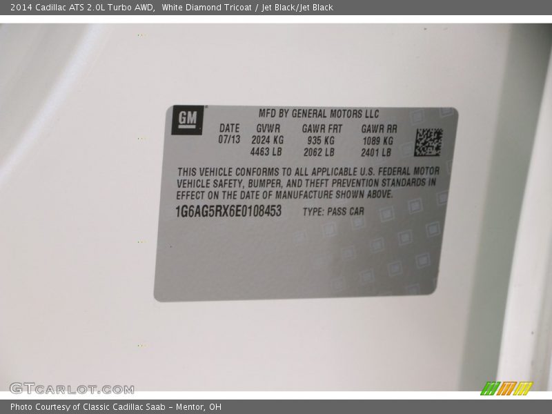 White Diamond Tricoat / Jet Black/Jet Black 2014 Cadillac ATS 2.0L Turbo AWD