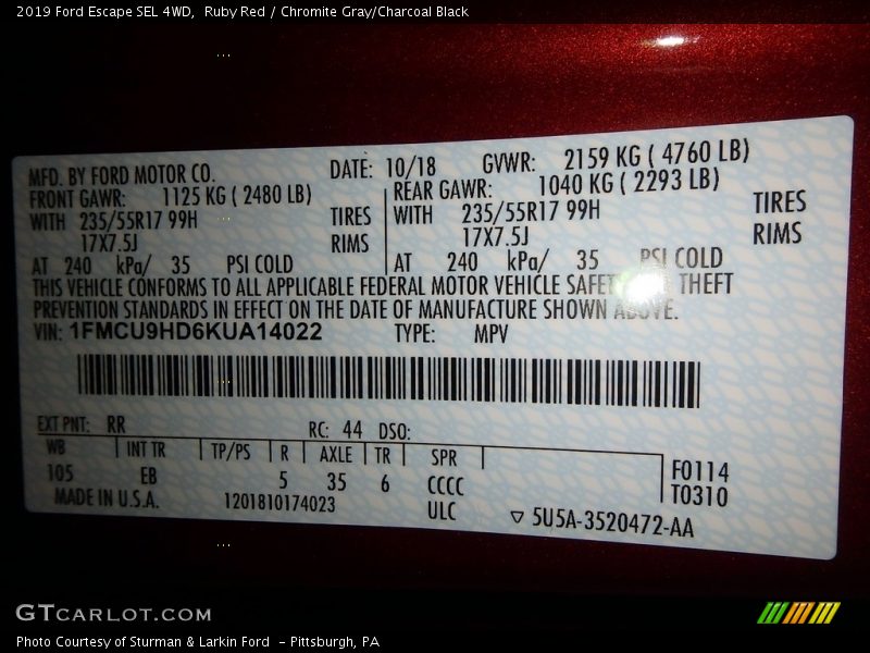 2019 Escape SEL 4WD Ruby Red Color Code RR