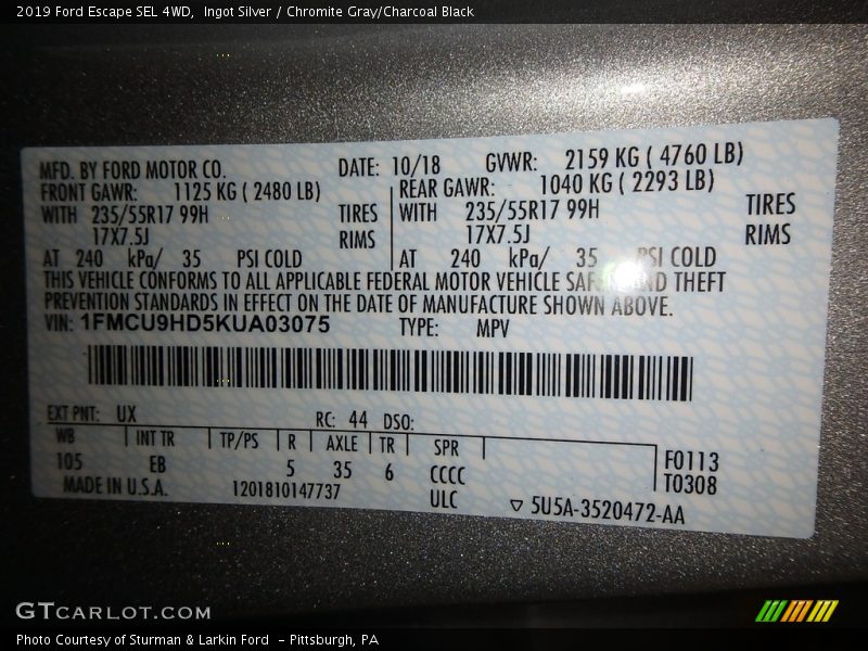 2019 Escape SEL 4WD Ingot Silver Color Code UX