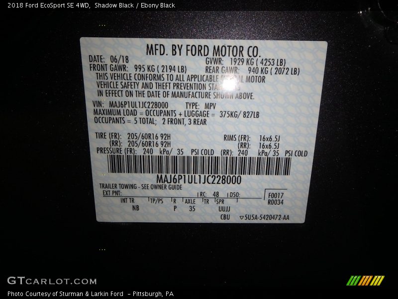 Shadow Black / Ebony Black 2018 Ford EcoSport SE 4WD