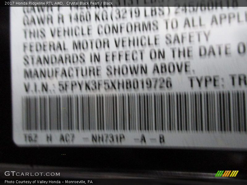 Crystal Black Pearl / Black 2017 Honda Ridgeline RTL AWD