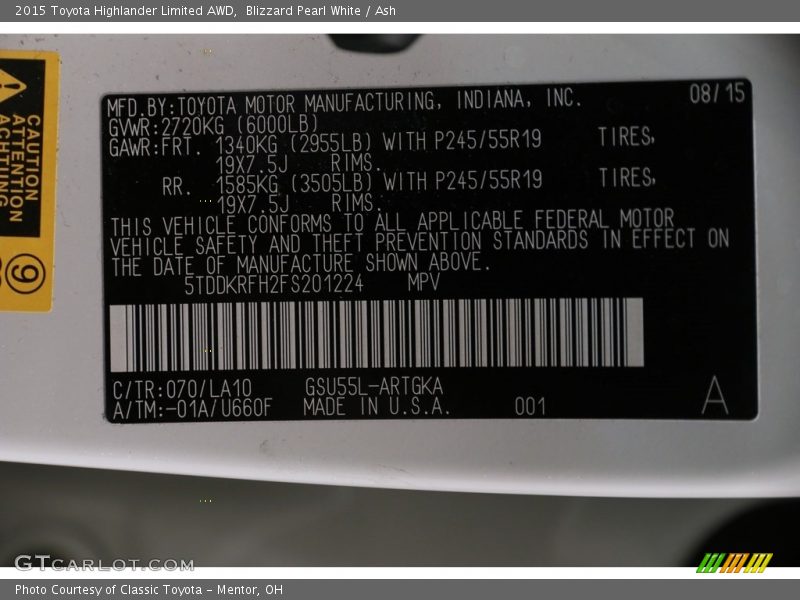 Blizzard Pearl White / Ash 2015 Toyota Highlander Limited AWD