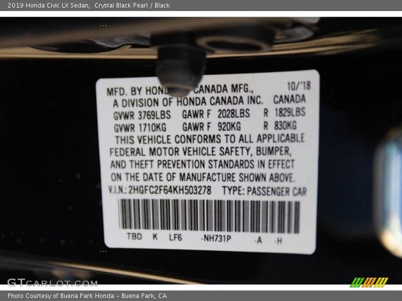 2019 Civic LX Sedan Crystal Black Pearl Color Code NH731P