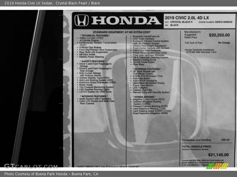  2019 Civic LX Sedan Window Sticker