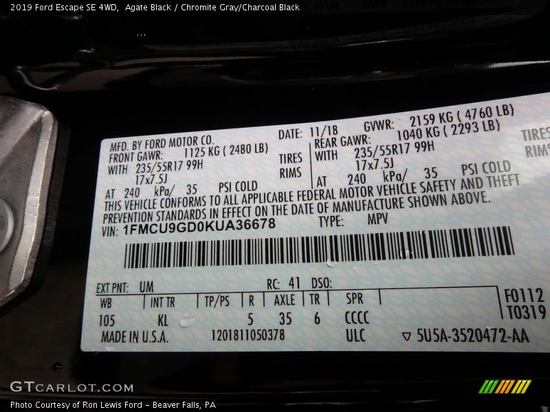 2019 Escape SE 4WD Agate Black Color Code UM