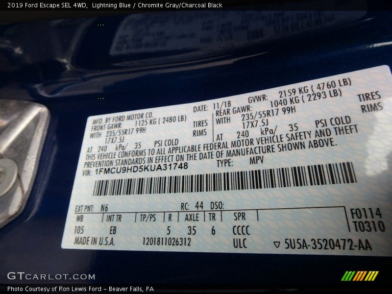 2019 Escape SEL 4WD Lightning Blue Color Code N6