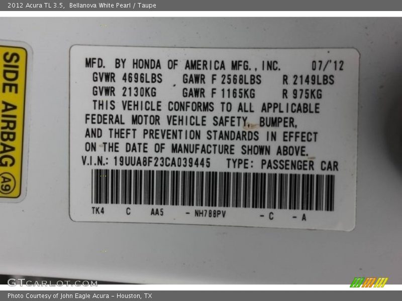 Bellanova White Pearl / Taupe 2012 Acura TL 3.5