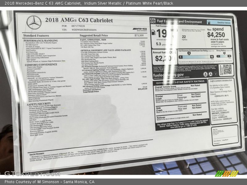  2018 C 63 AMG Cabriolet Window Sticker