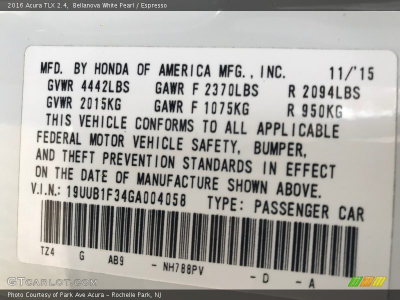 Bellanova White Pearl / Espresso 2016 Acura TLX 2.4