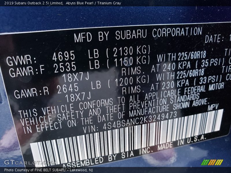 Abyss Blue Pearl / Titanium Gray 2019 Subaru Outback 2.5i Limited
