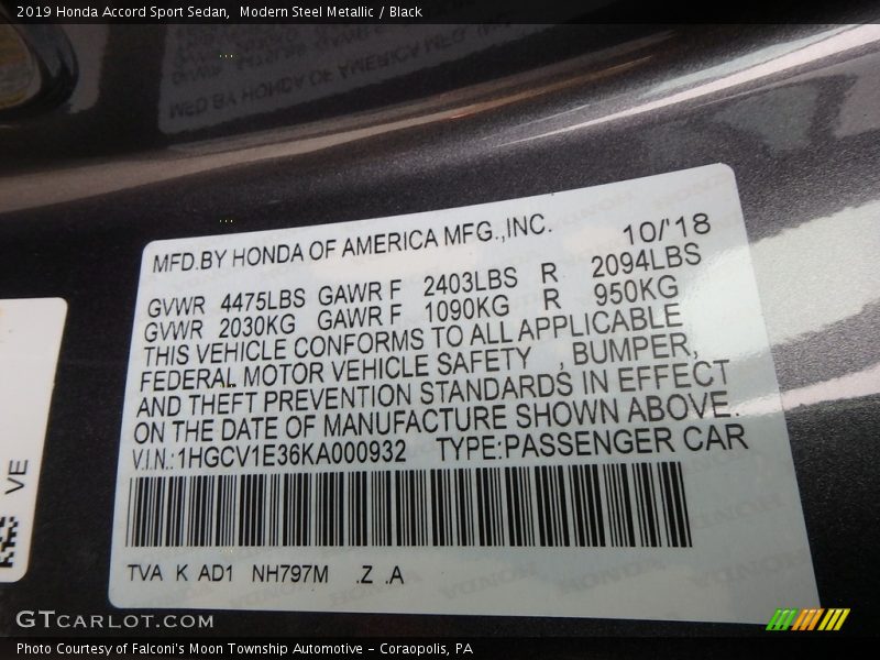 2019 Accord Sport Sedan Modern Steel Metallic Color Code NH797M