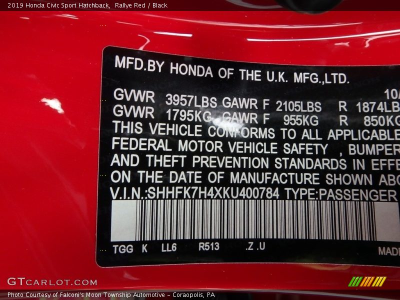 2019 Civic Sport Hatchback Rallye Red Color Code R513