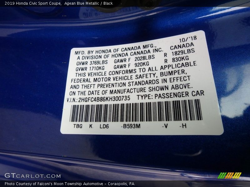 2019 Civic Sport Coupe Agean Blue Metallic Color Code B593M