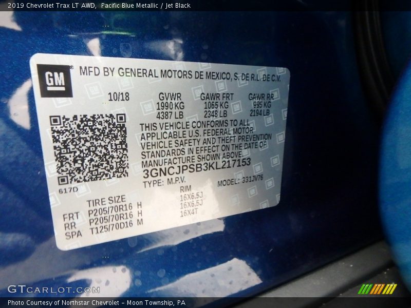 Pacific Blue Metallic / Jet Black 2019 Chevrolet Trax LT AWD