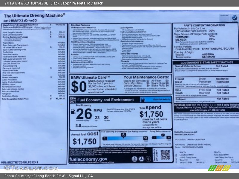  2019 X3 sDrive30i Window Sticker