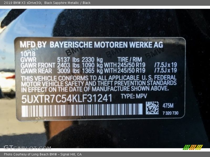 2019 X3 sDrive30i Black Sapphire Metallic Color Code 475
