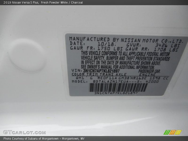 Fresh Powder White / Charcoal 2019 Nissan Versa S Plus