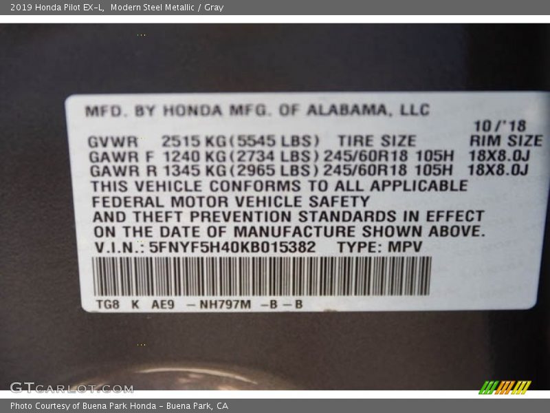 Modern Steel Metallic / Gray 2019 Honda Pilot EX-L