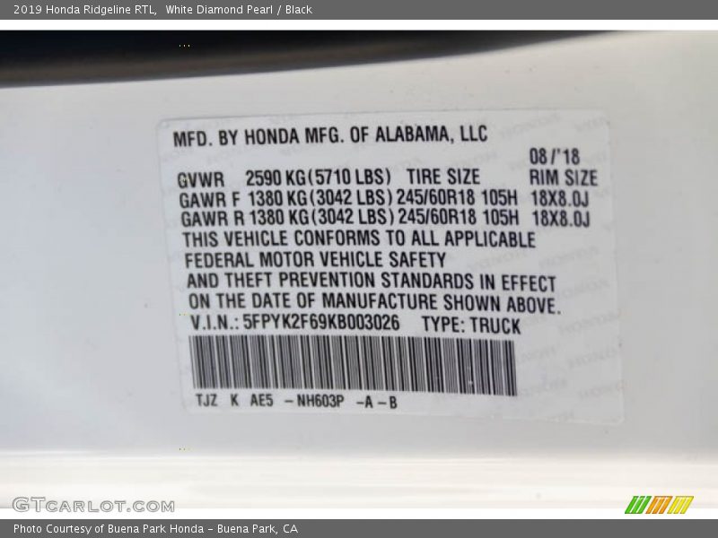 White Diamond Pearl / Black 2019 Honda Ridgeline RTL