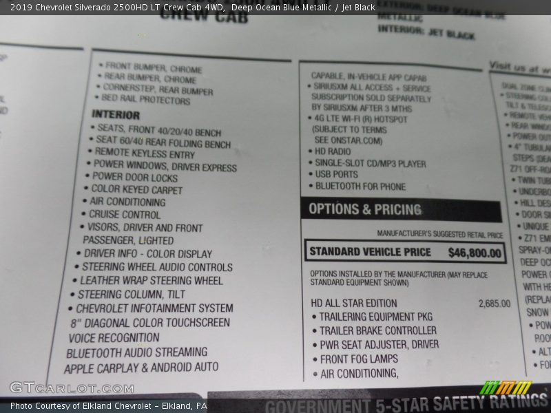 Deep Ocean Blue Metallic / Jet Black 2019 Chevrolet Silverado 2500HD LT Crew Cab 4WD