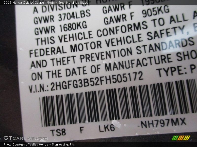 Modern Steel Metallic / Black 2015 Honda Civic LX Coupe