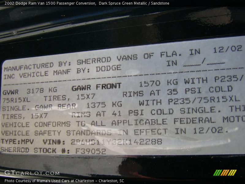 Dark Spruce Green Metallic / Sandstone 2002 Dodge Ram Van 1500 Passenger Conversion