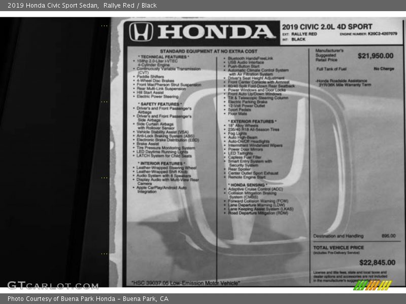  2019 Civic Sport Sedan Window Sticker