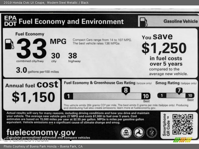 Modern Steel Metallic / Black 2019 Honda Civic LX Coupe